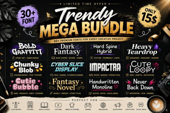 Trendy Mega Bundle: 30 Display Fonts for Web Design